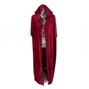 Red Crushed Velvet Hooded Cape Gothic Vampire Halloween Costume Full Length